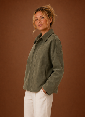 Women's Oversized Suede-Look Jacket | Flora in Olive - Juana Fashion