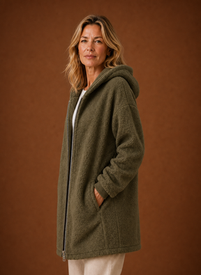 Women's Long Hooded Fleece Winter Jacket | Martina in Olive - Juana Fashion