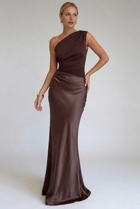 Women's One-Shoulder Maxi Wedding Guest Dress | Shirin in Brown