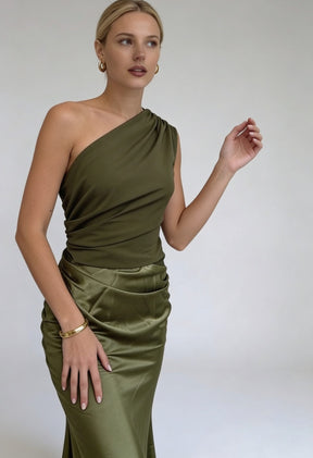 Women's One-Shoulder Maxi Wedding Guest Dress | Shirin in Dark Green