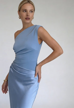 Women's One-Shoulder Maxi Wedding Guest Dress | Shirin in Blue