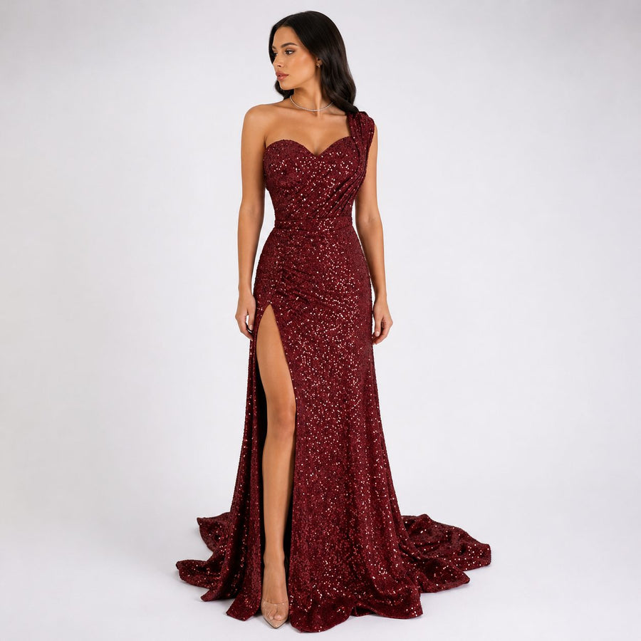 Women's One-Shoulder Sequin Maxi Evening Dress | Kaia in Red