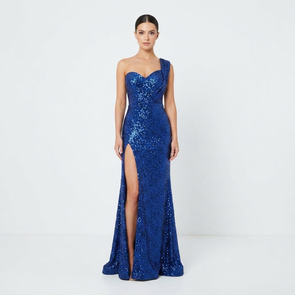 Women's One-Shoulder Sequin Maxi Evening Dress | Kaia in Blue