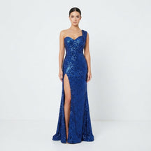 Women's One-Shoulder Sequin Maxi Evening Dress | Kaia in Blue