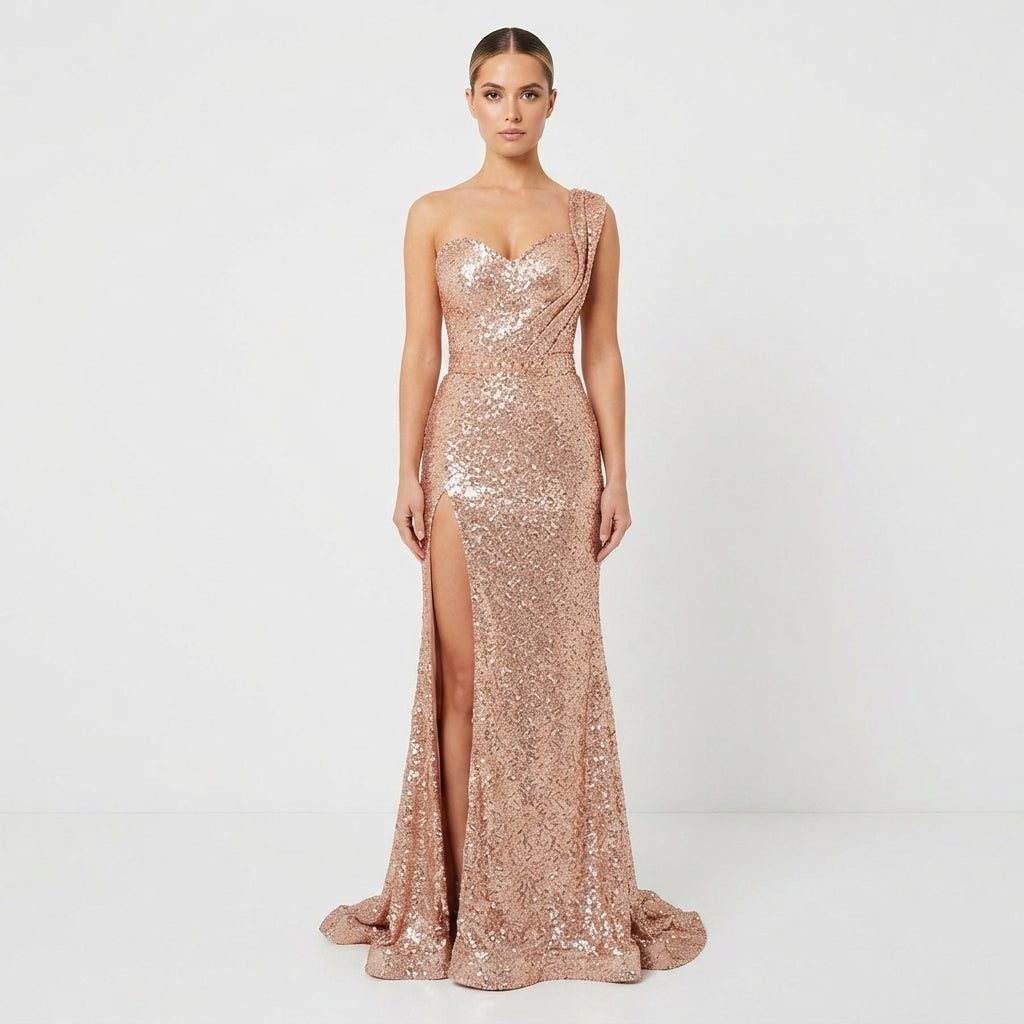 Women's One-Shoulder Sequin Maxi Evening Dress | Kaia in Gold