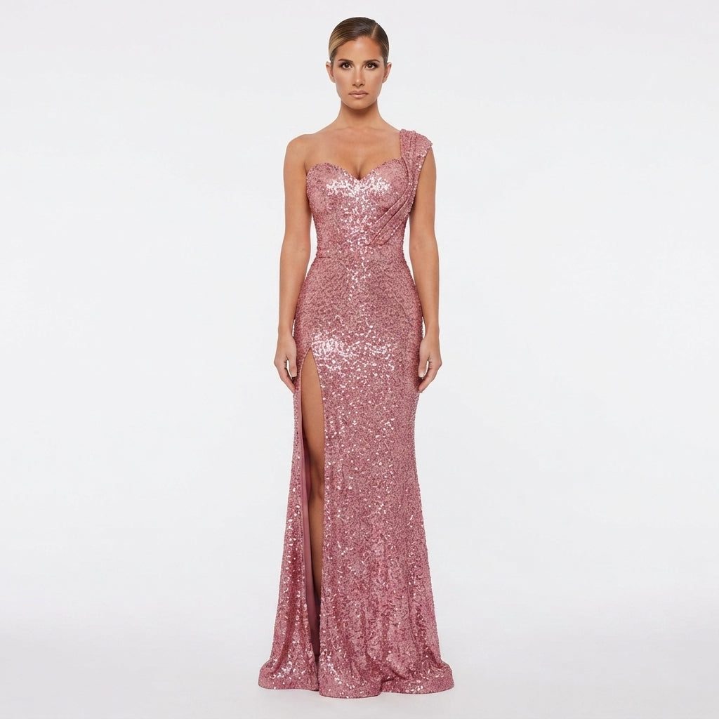 Women's One-Shoulder Sequin Maxi Evening Dress | Kaia in Pink