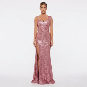 Women's One-Shoulder Sequin Maxi Evening Dress | Kaia in Pink