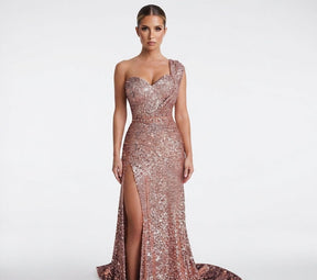 Women's One-Shoulder Sequin Maxi Evening Dress | Kaia in Rose Gold