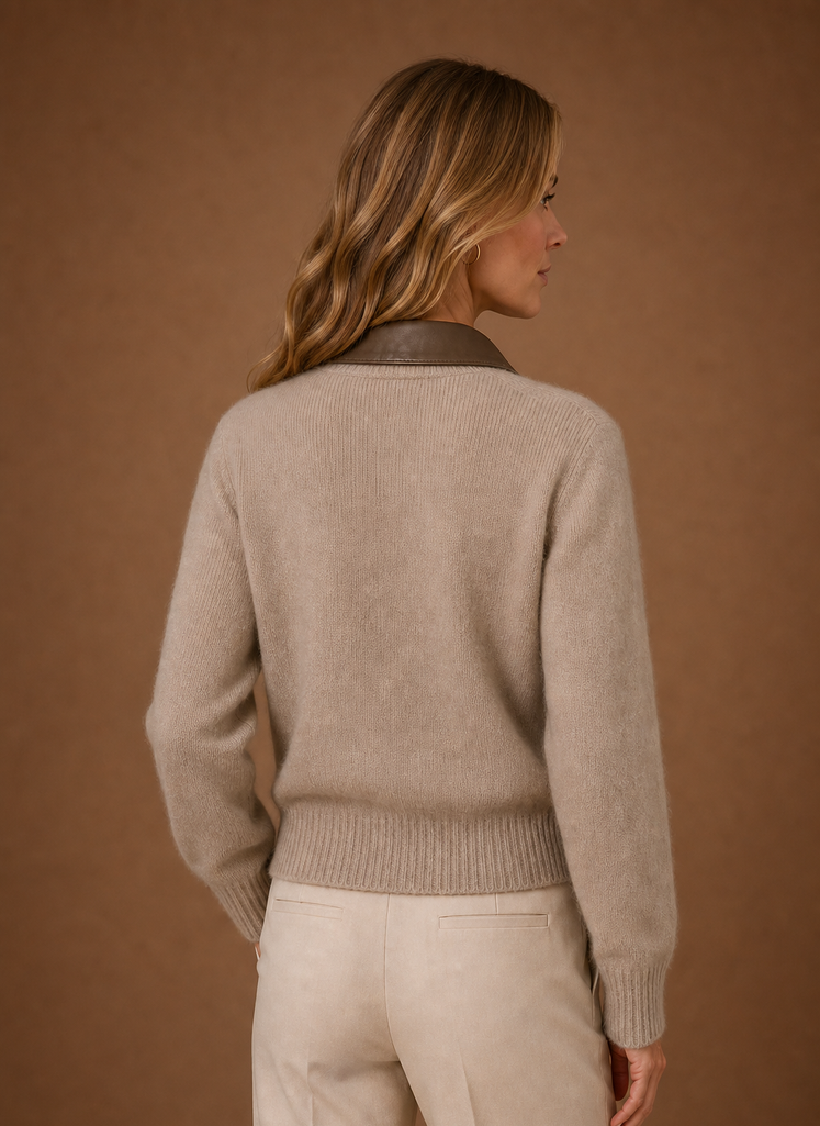 Women's Knit Zip-Up Jacket with Classic Collar | Viola in Beige - Juana Fashion