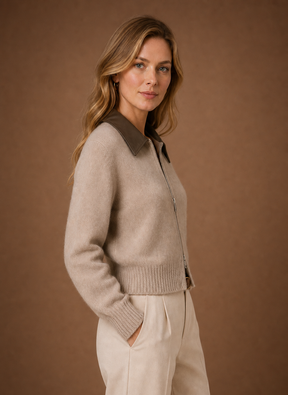Women's Knit Zip-Up Jacket with Classic Collar | Viola in Beige - Juana Fashion