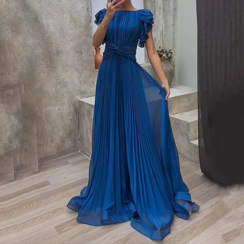 Women's Pleated Cap-Sleeve Maxi Wedding Guest Dress | Sarafina in Blue