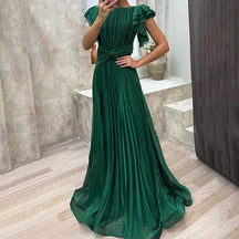 Women's Pleated Cap-Sleeve Maxi Wedding Guest Dress | Sarafina in Green