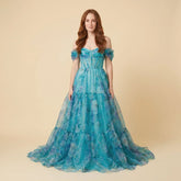 Women's Off-Shoulder Floral Corset Maxi Prom Dress | Poppy in Blue