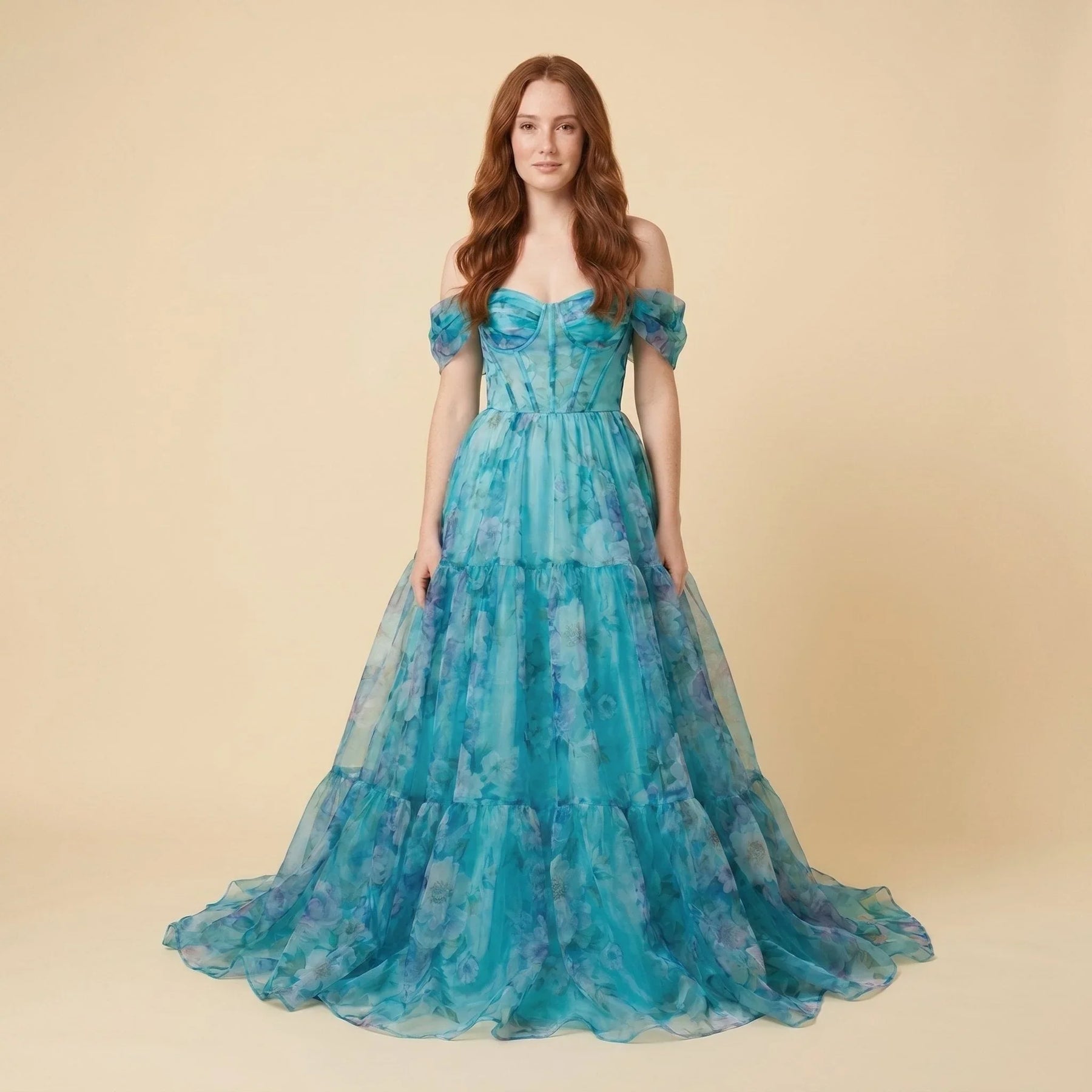 Women's Off-Shoulder Floral Corset Maxi Prom Dress | Poppy in Blue