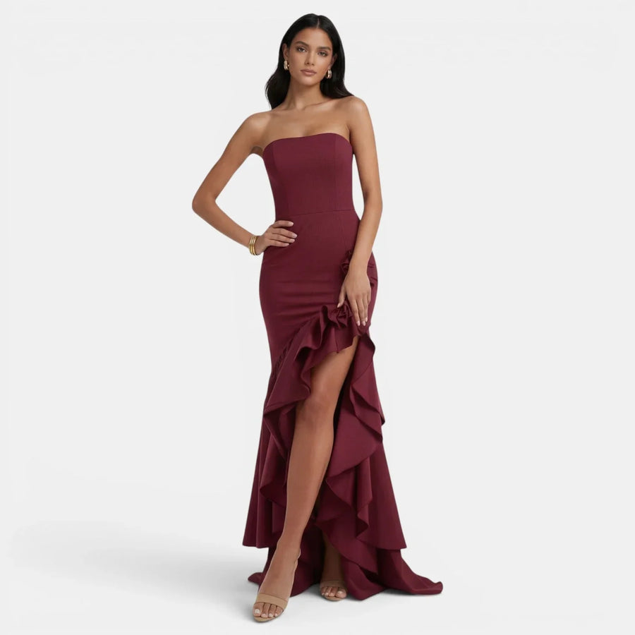 Women's Strapless Ruffle Maxi Evening Dress with Slit | Portia in Red