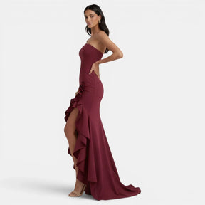 Women's Strapless Ruffle Maxi Evening Dress with Slit | Portia