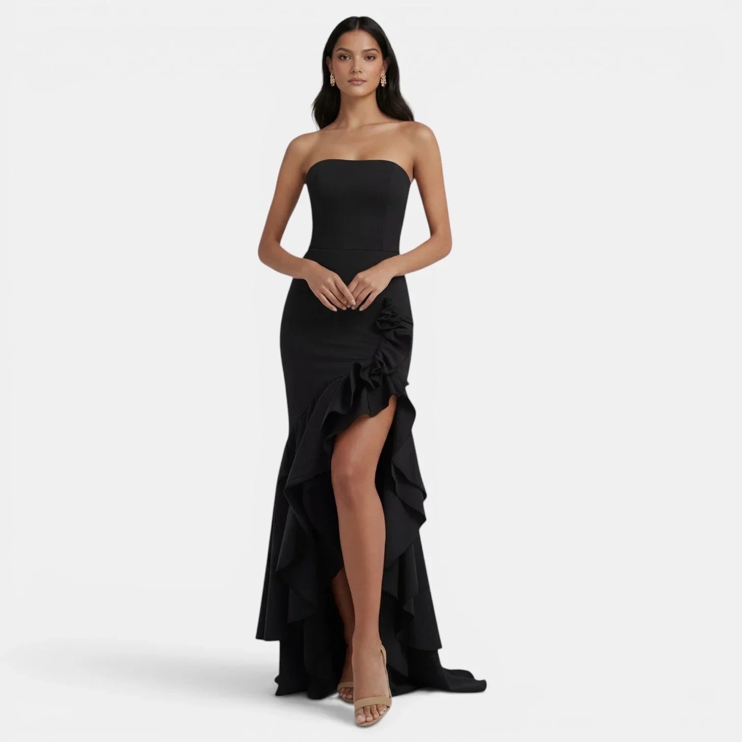 Women's Strapless Ruffle Maxi Evening Dress with Slit | Portia in Black