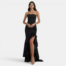 Women's Strapless Ruffle Maxi Evening Dress with Slit | Portia in Black