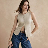 Women's Tailored Button-Front Vest | Nora in Khaki - Juana Fashion