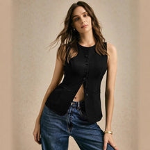 Women's Tailored Button-Front Vest | Nora in Khaki - Juana Fashion