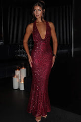 Women's Sequin Halter Maxi Evening Dress, Open Back | Scarlett