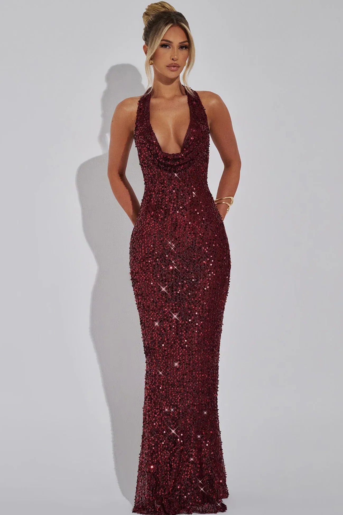 Women's Sequin Halter Maxi Evening Dress, Open Back | Scarlett