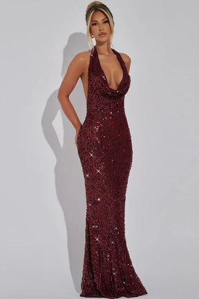 Women's Sequin Halter Maxi Evening Dress, Open Back | Scarlett