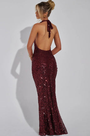 Women's Sequin Halter Maxi Evening Dress, Open Back | Scarlett