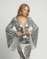 Women's Sequin Maxi Evening Dress with Flutter Sleeves | Lexa in Silver