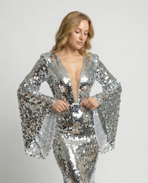 Women's Sequin Maxi Evening Dress with Flutter Sleeves | Lexa in Silver