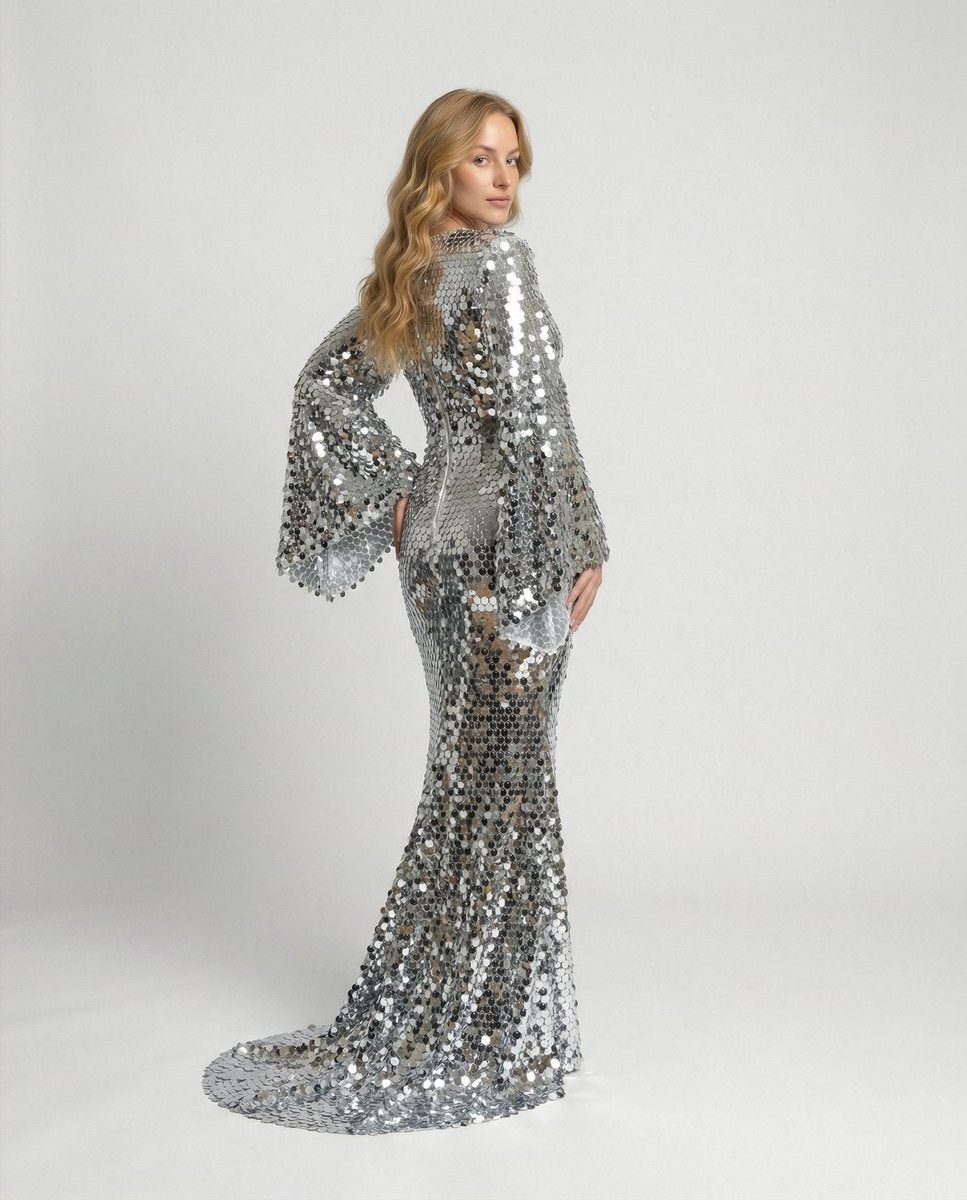 Women's Sequin Maxi Evening Dress with Flutter Sleeves | Lexa