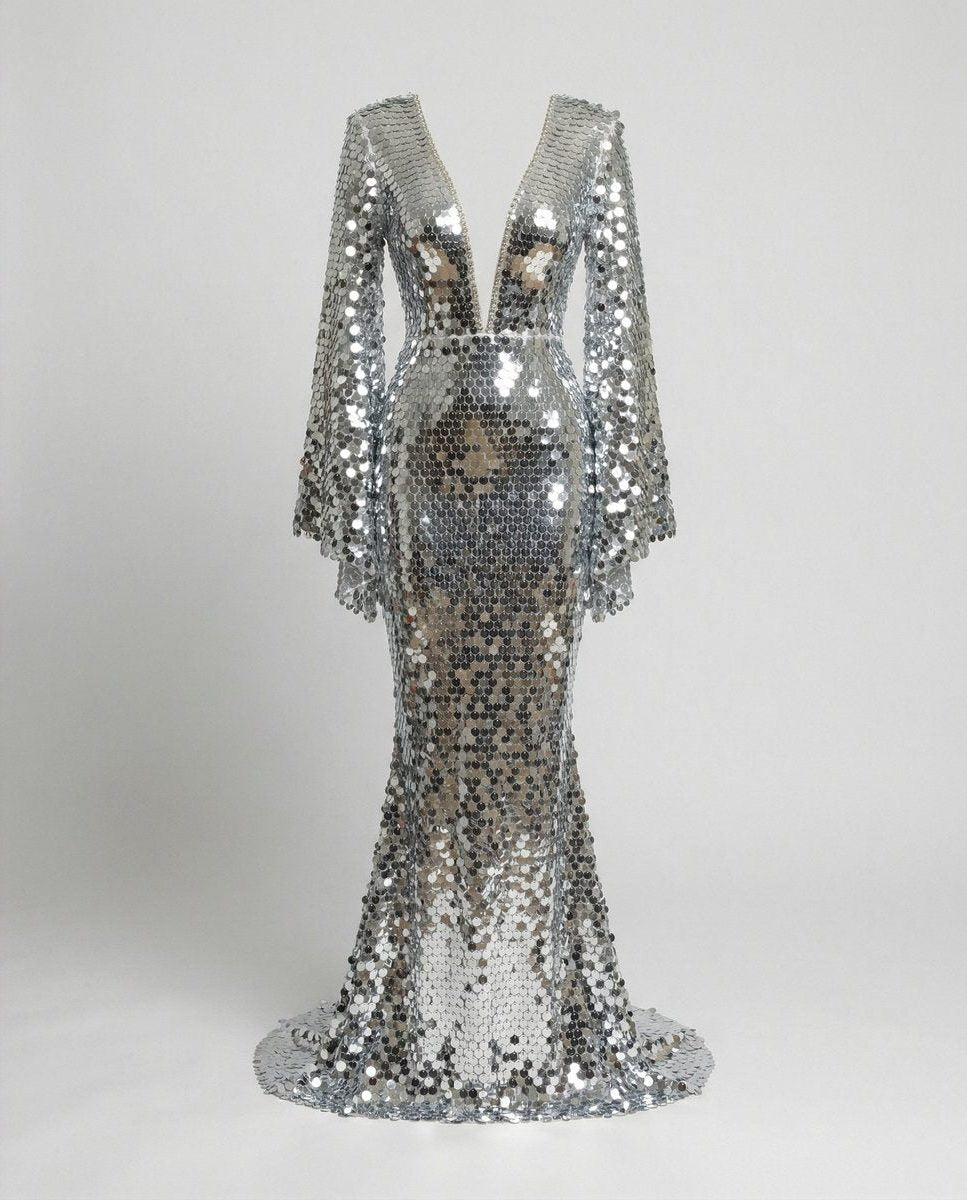 Women's Sequin Maxi Evening Dress with Flutter Sleeves | Lexa