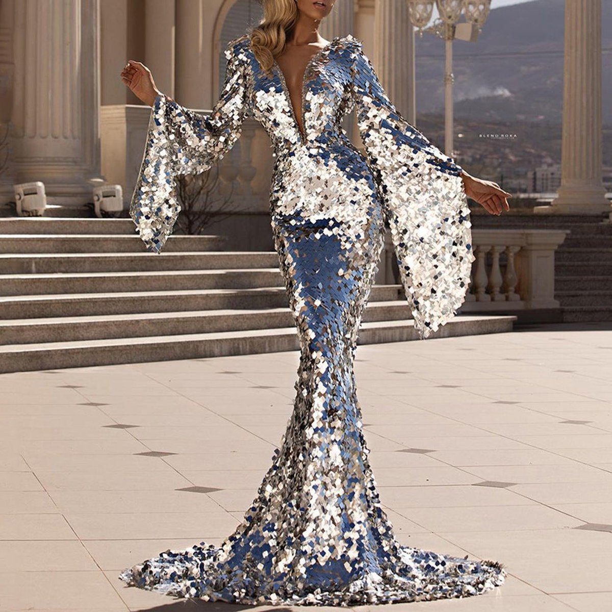 Women's Sequin Maxi Evening Dress with Flutter Sleeves | Lexa