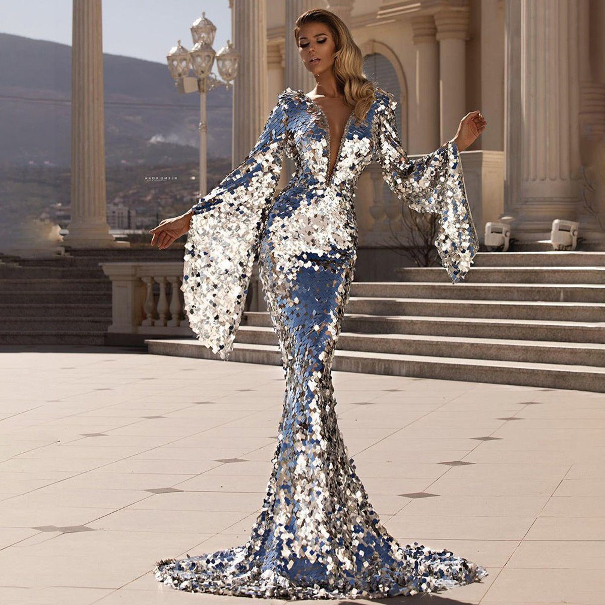 Women's Sequin Maxi Evening Dress with Flutter Sleeves | Lexa