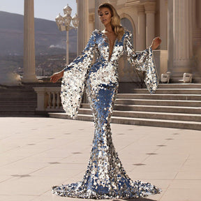 Women's Sequin Maxi Evening Dress with Flutter Sleeves | Lexa