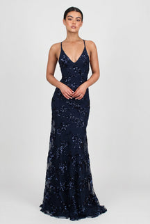 Women's Strappy V-Neck Sequin Maxi Evening Dress | Adriane in Navy Blue
