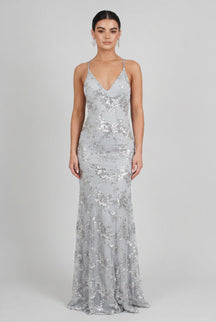Women's Strappy V-Neck Sequin Maxi Evening Dress | Adriane in Grey