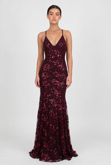 Women's Strappy V-Neck Sequin Maxi Evening Dress | Adriane in Burgundy