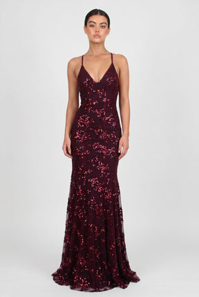 Women's Strappy V-Neck Sequin Maxi Evening Dress | Adriane in Burgundy