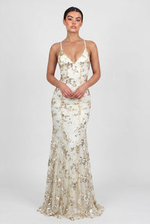 Women's Strappy V-Neck Sequin Maxi Evening Dress | Adriane in Apricot