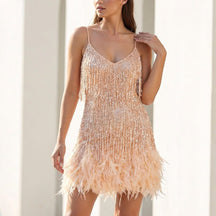 Women's Sequin Mini Party Dress with Feather Hem | Anastasia in Beige