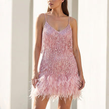 Women's Sequin Mini Party Dress with Feather Hem | Anastasia in Pink