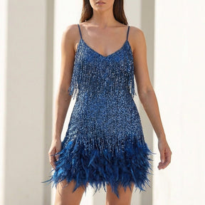 Women's Sequin Mini Party Dress with Feather Hem | Anastasia in Navy Blue