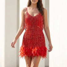 Women's Sequin Mini Party Dress with Feather Hem | Anastasia in Red