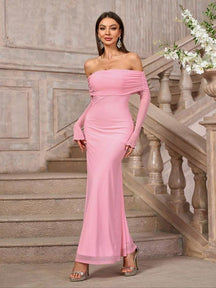 Women's Off-Shoulder Sparkly Maxi Evening Dress | Nereida in Baby Pink