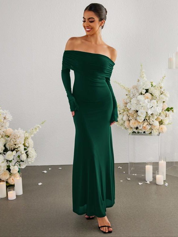 Women's Off-Shoulder Sparkly Maxi Evening Dress | Nereida in Leaf Green