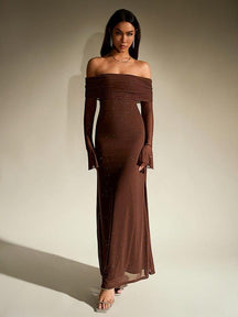 Women's Off-Shoulder Sparkly Maxi Evening Dress | Nereida in Dark Brown