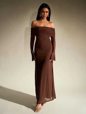 Women's Off-Shoulder Sparkly Maxi Evening Dress | Nereida in Dark Brown