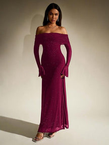 Women's Off-Shoulder Sparkly Maxi Evening Dress | Nereida in Burgundy