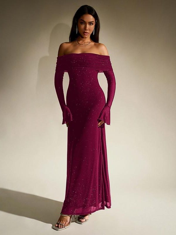 Women's Off-Shoulder Sparkly Maxi Evening Dress | Nereida in Burgundy